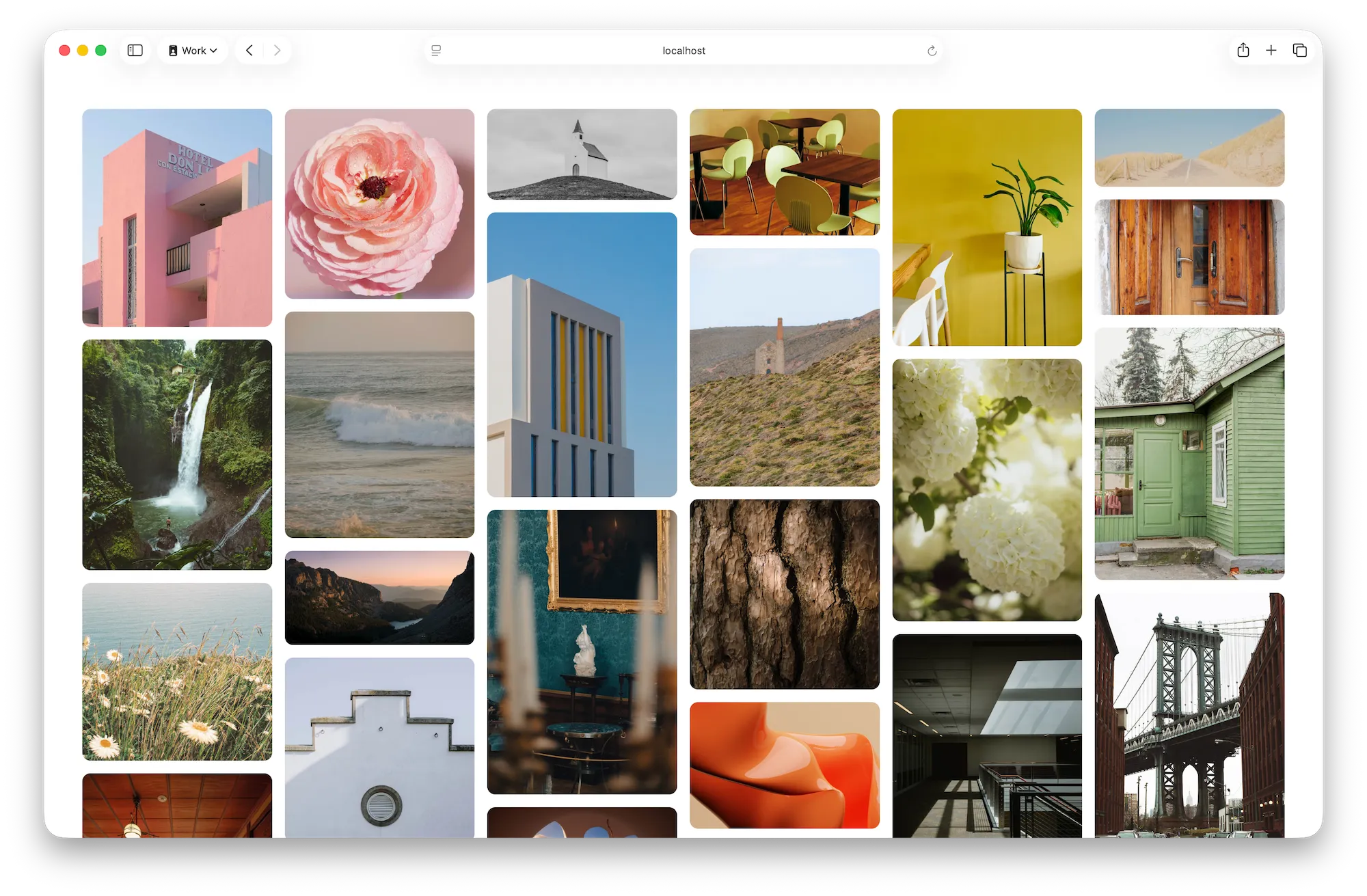 不同长宽比的照片的经典瀑布流布局，所有照片宽度相同，排列成六列