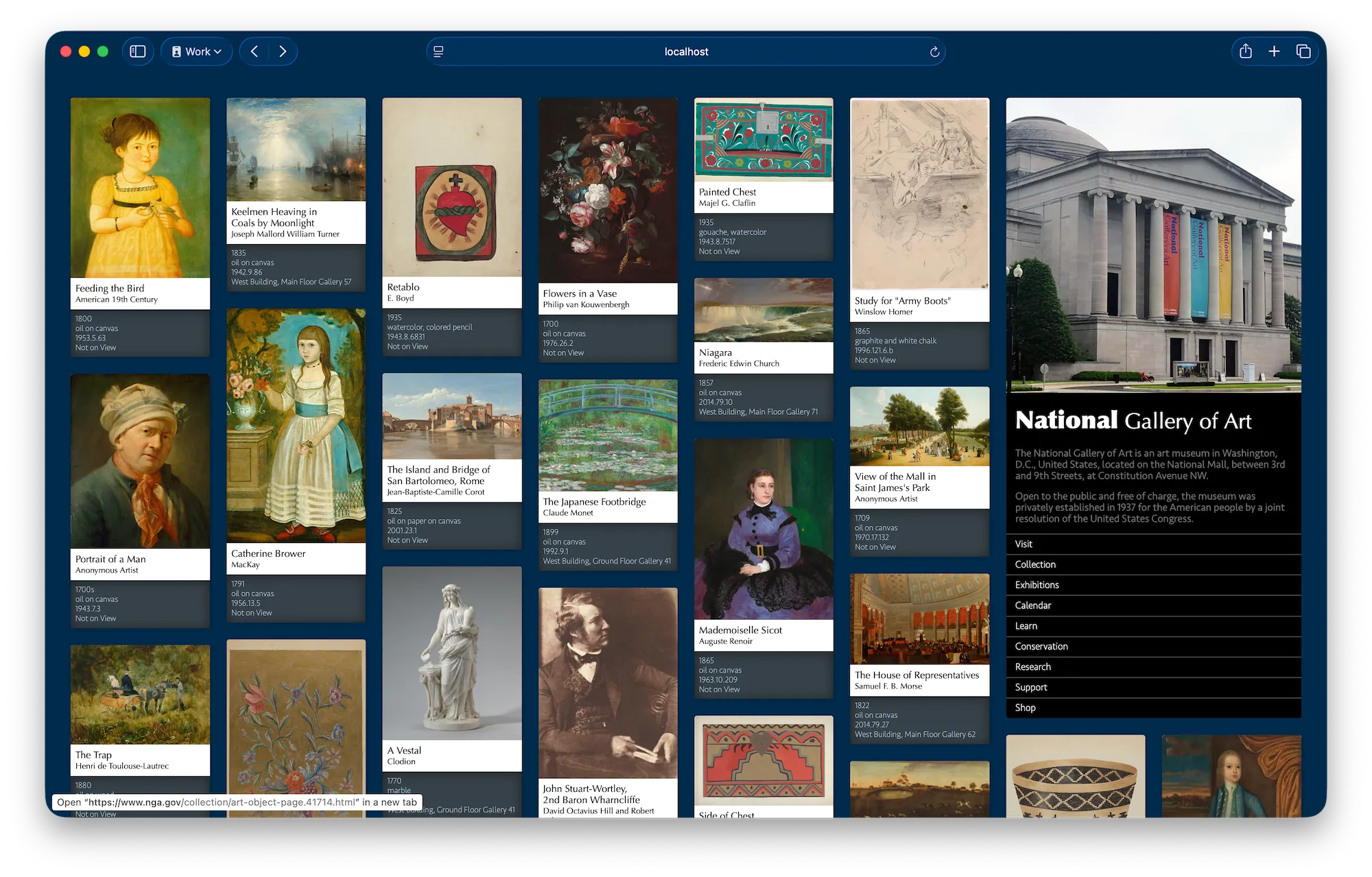 绘画布局——每幅画下面都有一点文字：标题等。绘画按 8 列布局。在右侧，横跨两列的是网站的页眉。